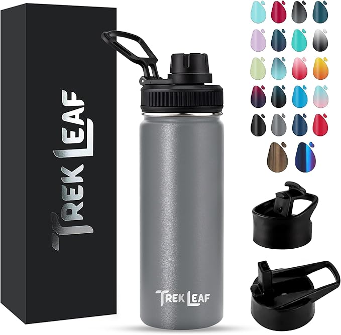 Travel Water Bottle with 3 Lids (Spout, Straw, Flip) Leak Proof, Quality, Vacuum Insulated, Stainless Steel (Gray, 18 oz)