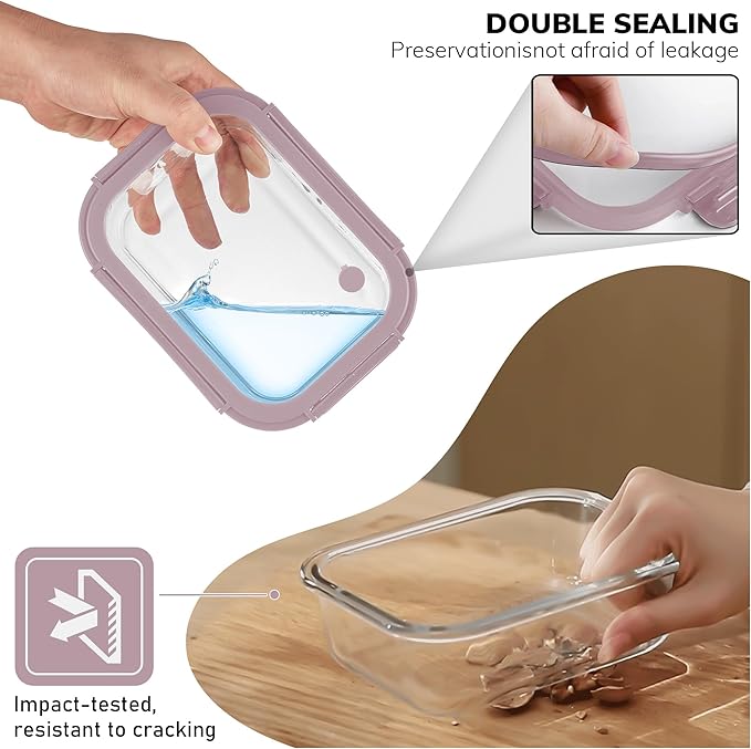 5-Pack Borosilicate Glass Containers with Tempered Lids, 35.2oz/4.4 Cup Airtight Meal Prep Set, Microwave/Freezer Safe (Pink)