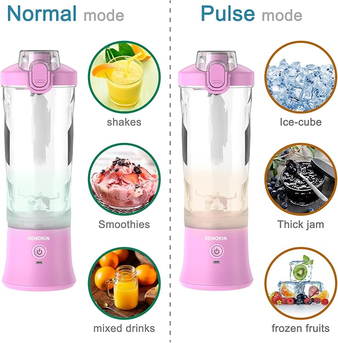 DENOKIN Portable Blender,Personal Size Blender for Shakes and Smoothies (Purpleish Pink, 20oz)