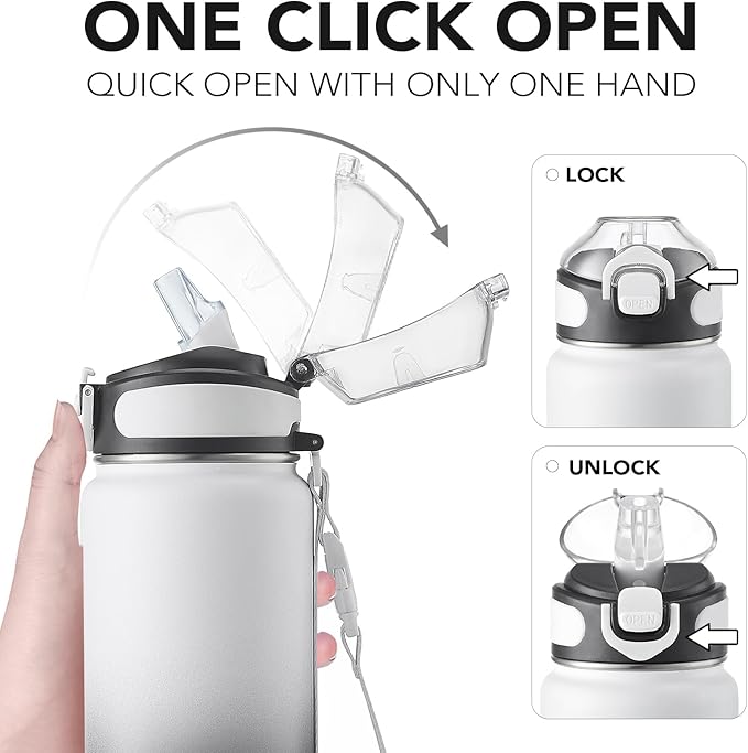 Enerbone 32 oz Insulated Water Bottle, Stainless Steel Bottle with Carrying Strap, Double-Wall Vacuum Insulation Design, Leakproof Sports Bottle with Straw, Keep Drinks Cold or Hot for Hours