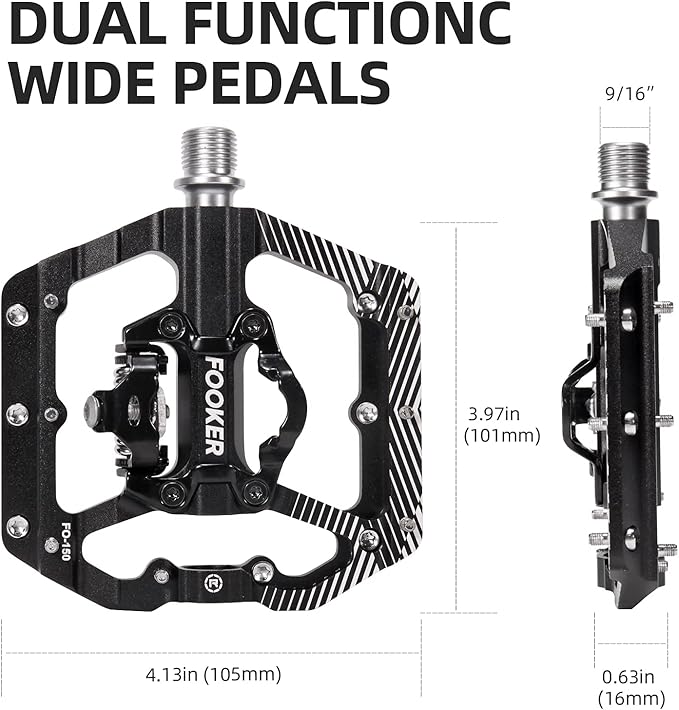 FOOKER MTB Mountain Bike Pedals 3 Bearing Flat Platform Compatible with Dual Function Sealed Clipless Aluminum 9/16" Pedals with Cleats for Road