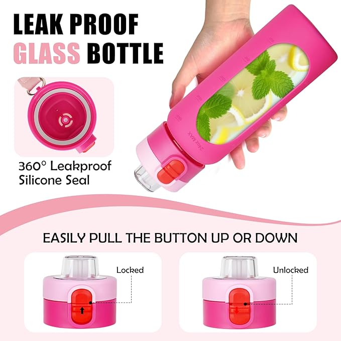 ANOTION 24OZ Glass Water Bottle, Large Sports Water Bottle with Dual-Drink Lid Clear Leakproof Glass Bottles with Straw, Motivational Jug with Silicone Sleeve and Time Marker for Travel Gym-Pink