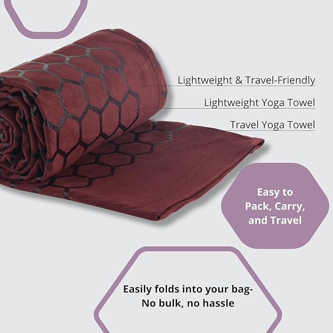 Clever Yoga Hot Yoga Mat Towel – Non-Slip Grip for Hot Yoga, Sweat Absorbent, Honeycomb Silicone Grip, Stays Flat – Ideal for Pilates, Travel, Washable & Lightweight - Burgundy