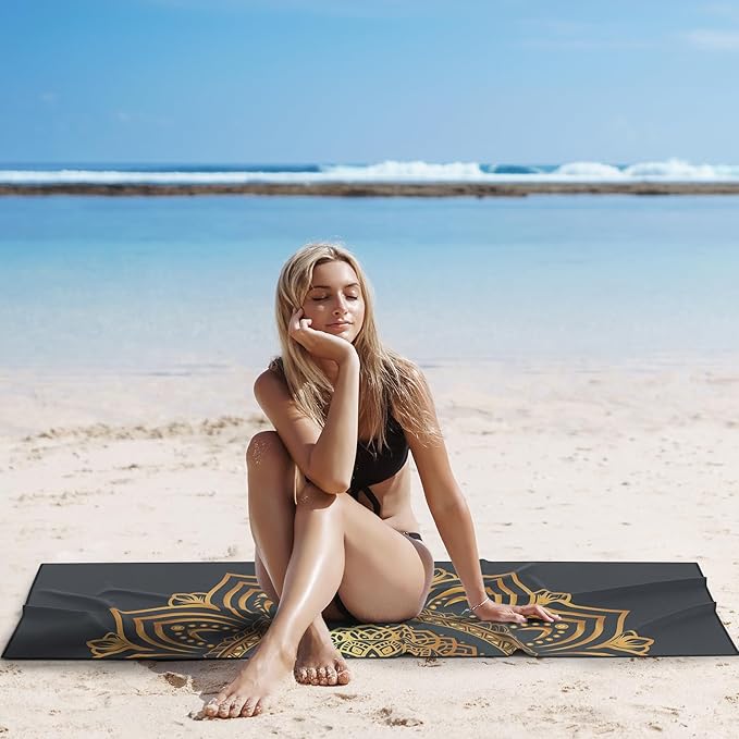 Colorful Star Yoga Towel with Corner Pockets, Non Slip Grip Dots Sweat Absorbent Hot Yoga Mat Towels, Soft Yoga Blankets with Travel Bag, Mat Cover for Workout, Gym, Fitness - 70"x26", Gold Mandala