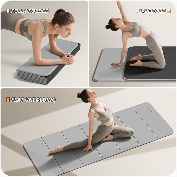 Foldable Fitness Yoga Mat | 2/5" (10MM) Extra Thick | SGS Certified Non-Slip TPE | 75x26" Extra Long-Wide | Portable & Easy Store | for Yoga, Pilates, Home Gym & Full-Body Workouts