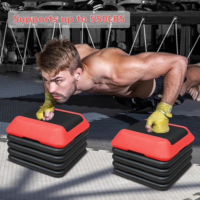 16"x16" Exercise Aerobic Step Platform with 4 Risers, Adjustable Height 4"-6"-8"-10"-12" Workout Stepper for Home Gym Fitness Strength & Training