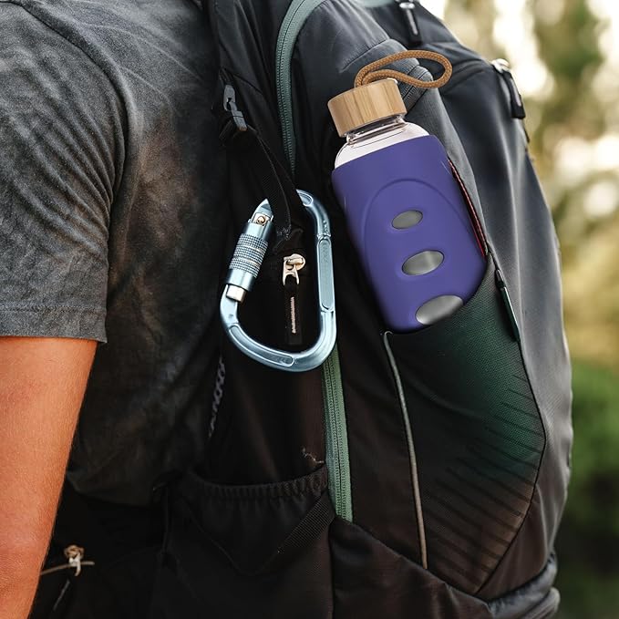 Sport 32oz Glass Water Bottle 1000ml /1 liter Borosilicate Glass Water Bottle Reusable Waterbottle Jugwith Silicone Sleeve and Unique Lid (Purple