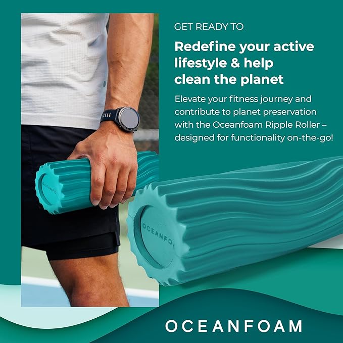 Oceanfoam Ripple Travel Foam Roller (11" x 3.35") Firm Mini Foam Roller for Physical Therapy, Deep Tissue Massage, Back Pain - High Density, Ergonomic Wave Textured - Yoga, Pilates, Exercise (Jade)