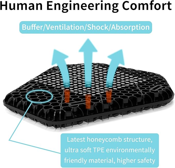 Heran Motorcycle Gel Seat Cushion, 3D Honeycomb Structure & High Elasticity Gel Material Breathable Shock-Absorbing Seat Cover for Comfortable Long-Distance Riding