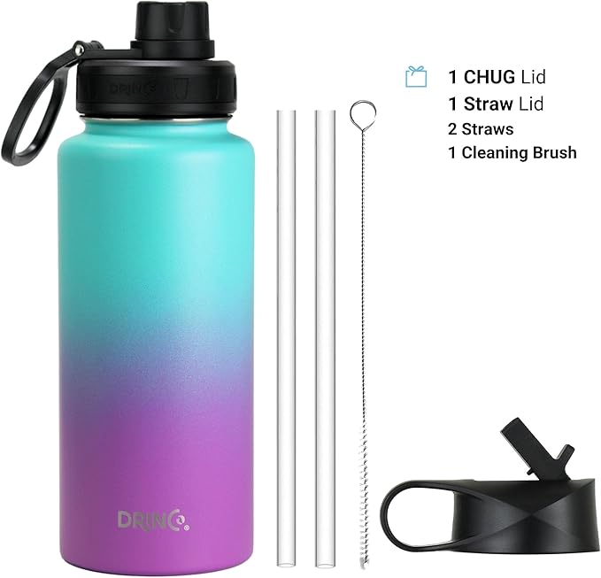 DRINCO Stainless Steel Water Bottle Spout Lid Vacuum Insulated Double Wall Water Bottle Wide Mouth (40oz 32oz 22oz 18oz 14oz) Leak Proof Keeps Cold or Hot (32 oz, 32oz Ombre Fuchsia Teal)