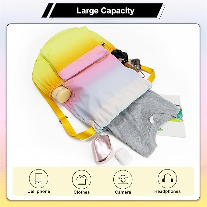 HOLYLUCK Drawstring Backpack Sports Gym Bag Water Resistant String Bag Cinch Sackpack with Side Zipper Pocket for Shopping Sport Yoga - Rainbow gradient