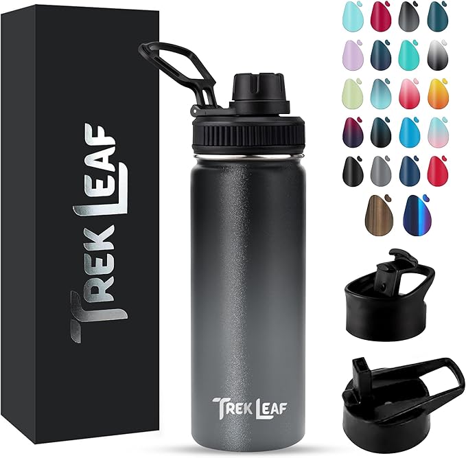Travel Water Bottle with 3 Lids (Spout, Straw, Flip) Leak Proof, Quality, Vacuum Insulated, Stainless Steel (Charcoal Fog, 18 oz)