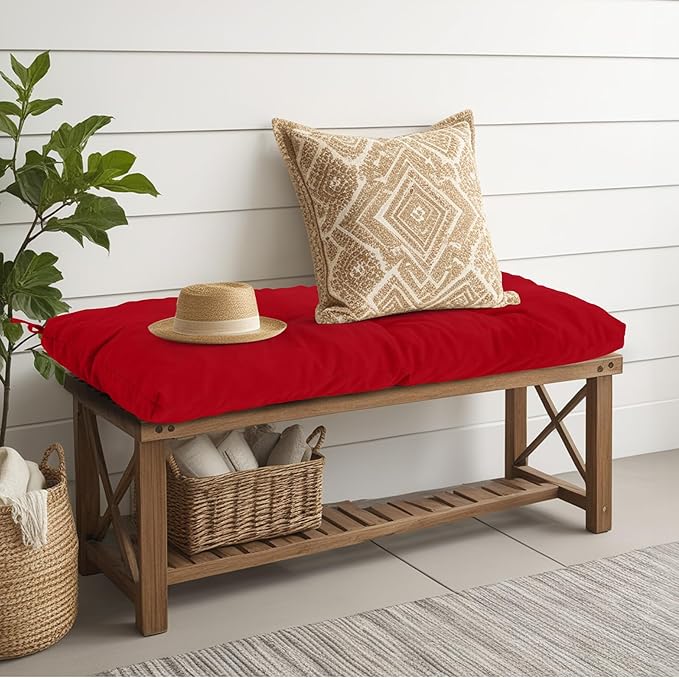 Outdoor Bench Cushion Waterproof, Tufted Bench Seat Cushion 42 x 15 Inch, Patio Wicker Indoor Seat Pads for Outside Garden Patio Balcony, Red