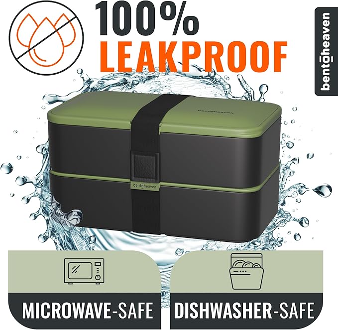 Bentoheaven Premium Bento Box Adult Lunch Box with Compartments for Women & Men, Set of Utensil & Chopsticks & Dip Container, Cute Japanese Kids Bento Lunch Box, Microwavable (Olive Garden)