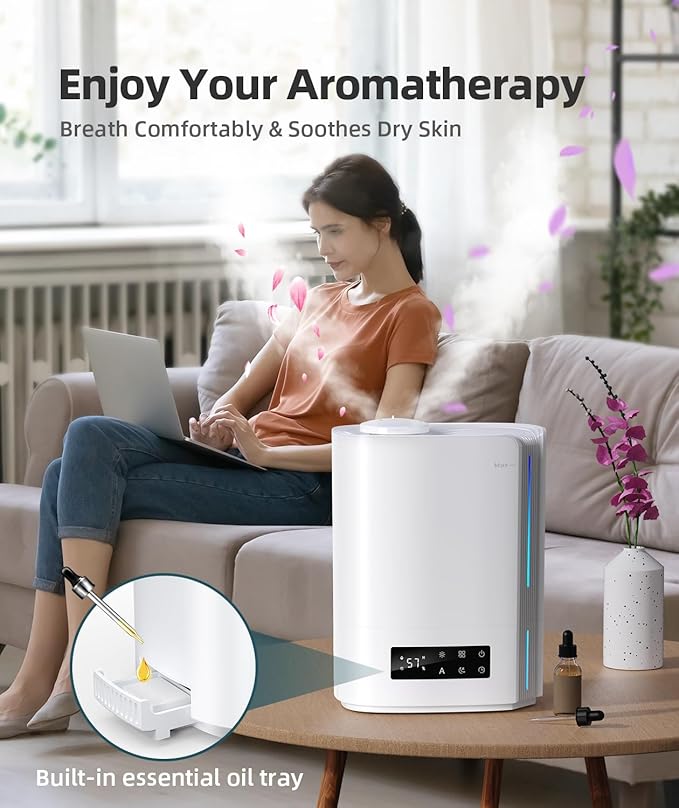 BREEZOME 6L Humidifiers for Bedroom Large Room & Essential Oil Diffuser, Ultrasonic Top Fill Cool Mist Humidifiers for Baby, Plants, Nursery Last up to 60 Hours, Smart Humidistat Control, Quiet, White