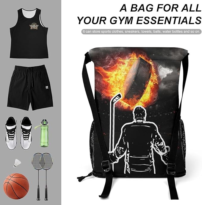 Hockey Drawstring Backpack - Cool Cinch Sack, String Backpacks with Pocket for Kids Women Men Boys Girls for Gym Outdoor Sports Travel Athletic Drawstring Bag - Lightweight/Foldable