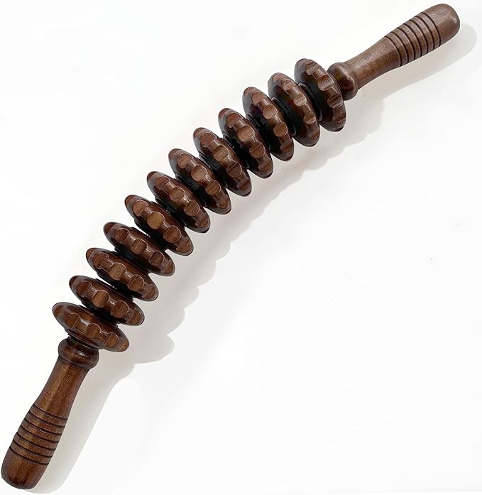 Wooden Curved Handheld Roller Stick Massager - 12 Rollers Wood Therapy Tool for Trigger Point, Fascia & Cellulite Reduction, Lymphatic Drainage, Muscle Tension Relief & Body Shaping (Brown)