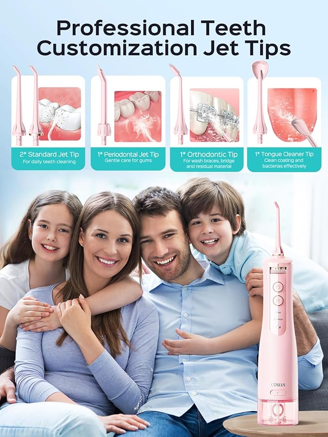 COSLUS Portable Water Flosser for Teeth: 10 Pressure Settings Professional Water Dental Pick for Orthodontic, Braces & Sensitive Gums - Cordless for Travel Use, for Adults Teens, BPA-Free, E40