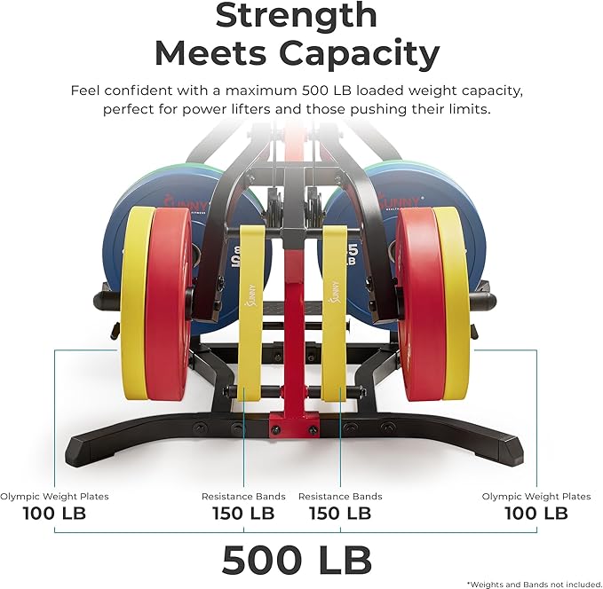 Sunny Health & Fitness Multifunctional Strength Training Home Gym – Complete Workout Equipment with Training Attachments, Optional Squat Stand, Power Rack Cage, Adjustable Incline Bench