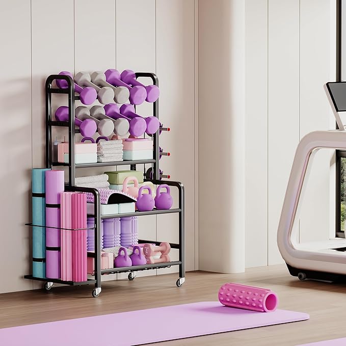 Homeiju Dumbbell Rack, Weight Rack for Home Gym, Yoga Mat Storage Holder with Lockable Wheels, Dumbbell Stand with Hooks, All in One Work out Equipment Storage for Yoga Mat Dumbbell and Balls