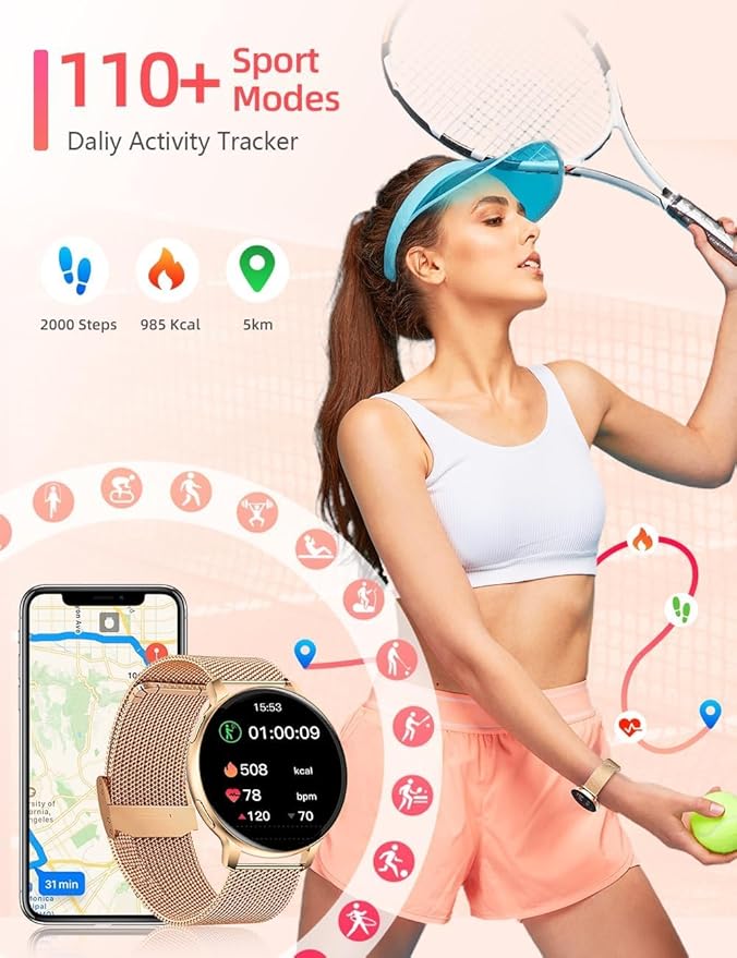 FILIEKEU Women Smart Watch Bluetooth Calls IP67 Waterproof Sport Fitness Tracker 1.39" HD Full Touch Screen Rose Golden mesh SmartWatches for Android iOS