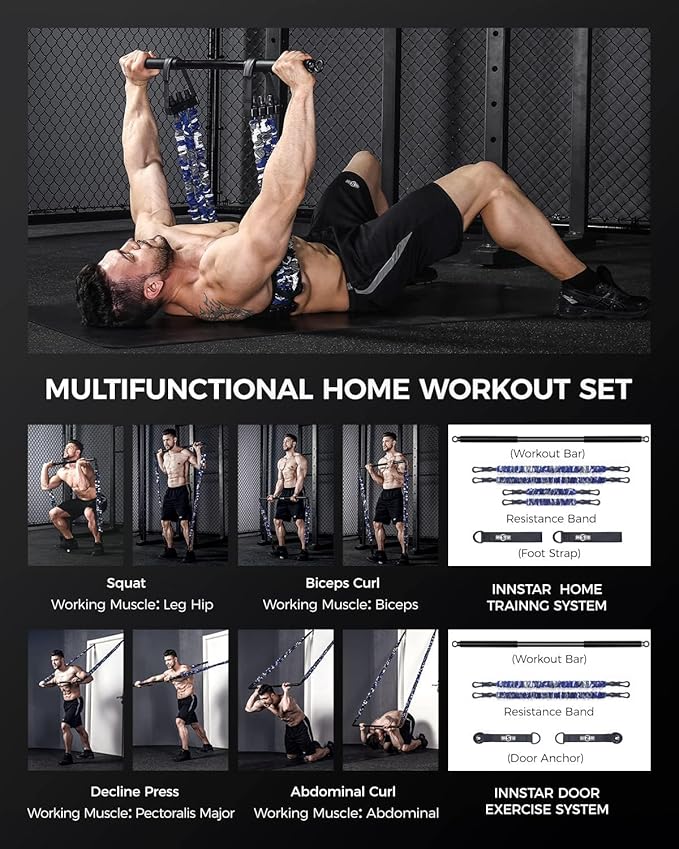 INNSTAR Resistance Bands Bar Exercise Bands Attachment 38" Black Max Load 800lb for Home Gym Workout Full Body Workout Power Lifting Fitness Bar