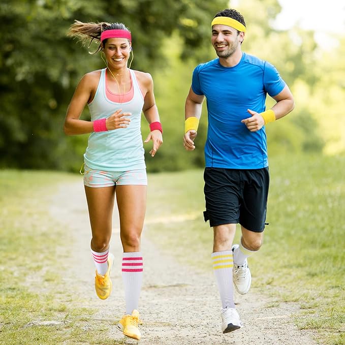 Hillban 80s Workout Outfit 80s Accessories for Women Men Neon Sweatbands Headbands for Tennis Volleyball Sport