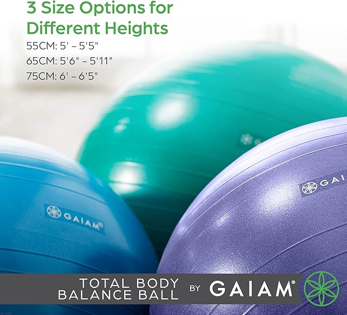 Gaiam Total Body Exercise Balance Stability Yoga Ball, Anti-Burst with Air Pump for Home, Office Chair, and Fitness - Various Sizes