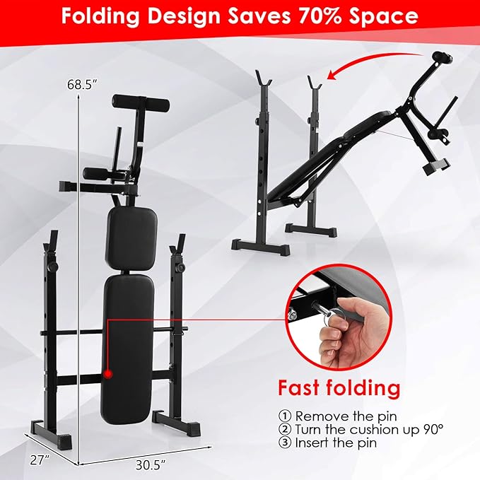 Goplus Adjustable Olympic Weight Bench Barbell Rack Set, Foldable Workout Bench Press Set with Leg Developer, Squat Rack, Home Gym Flat Incline Decline Weight Lifting Strength Training