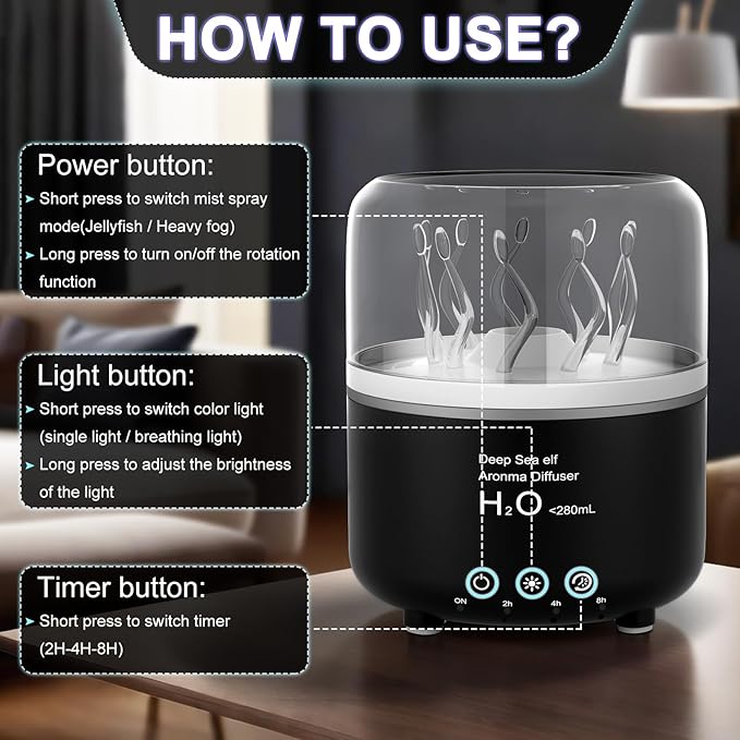 Morbou Essential Oil Diffuser with Jellyfish Spray & Sea Anemone Rotation, 280ml Ultrasonic Aromatherapy Machine,7-Color LED Night Light Quiet Mist for Bedroom, Remote Control