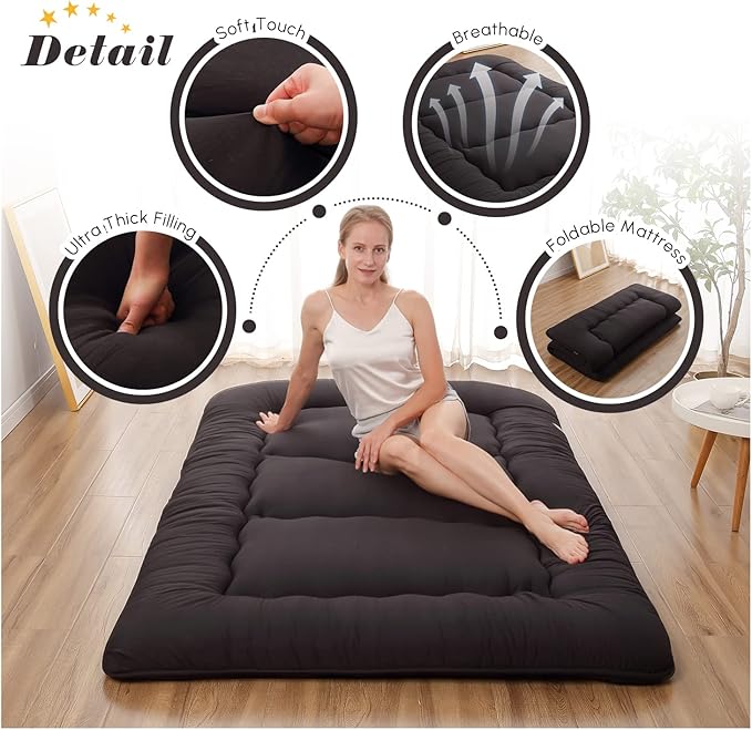 Japanese Floor Mattress, Futon Mattress with Portable Storage Bag and Washable Cover, Roll Up Thick Tatami Mat Suitable for Camping, Guest Room, Black, Full