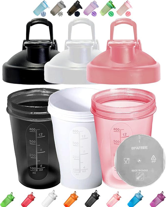 3 Color Value Pack Snap Shaker Bottles for Pre-Workout Protein Drink Mixes(Black,White,Pink)w. Whisk Ball-Scale Marks 4-8-12 Oz,Anti-Leak,BPA Free,Classic Loop,Dishwasher Safe,Easy to Clean,Wide Mouth