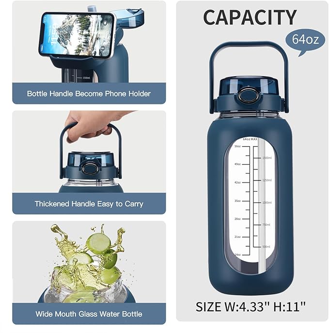 64oz Glass Water Bolttles with Straw Half Gallon Large Motivational Water Bottle with Time Marker Sports Water Bottles with Silicone Sleeve and Handle Lid Water Jug for Gym Workout