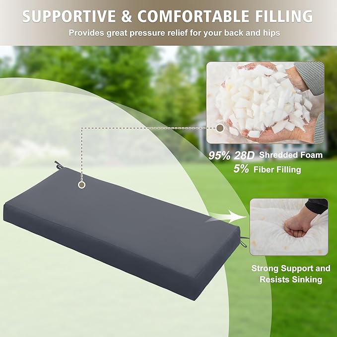 Outdoor Bench Cushion Waterproof 48"x18" – Fade-Resistant Patio Furniture Cushion with Ties for Porch Swing, Loveseat, or Indoor Bench Replacement, Dark Grey