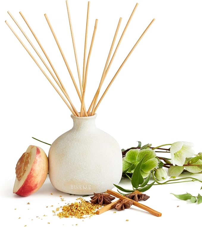 BLUEME Calm-Osmanthus & Sandalwood, 5.92 Fl Oz Wellness Diffuser, Contains Essential Oil, Sustainable, Hand Finished, Premium, Luxury Ceramic, Natural Rattan Reeds