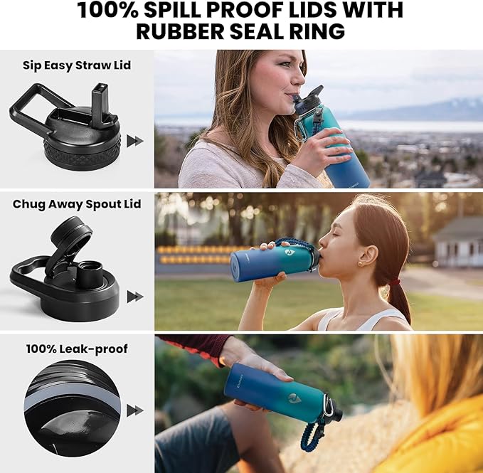 Insulated Water Bottle 40 oz, Triple Wall Vacuum Stainless Steel (Cold for 48 Hrs), Leak Proof & Non-BPA, Modern Water Flask Jug with Paracord Handle & Straw Spout Lids, Cyan Blue