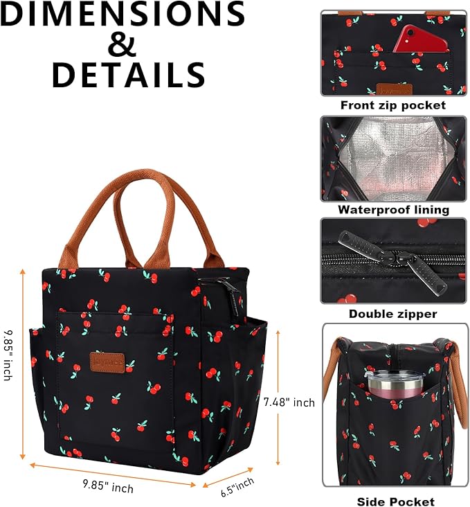 Joymee Lunch Bag Women Insulated Lunch Box Reusable Leakproof Large Spacious Cooler Tote for Women Men Adult with Bottle Holder and Side Pockets for Work Office Travel Picnic - Cherry