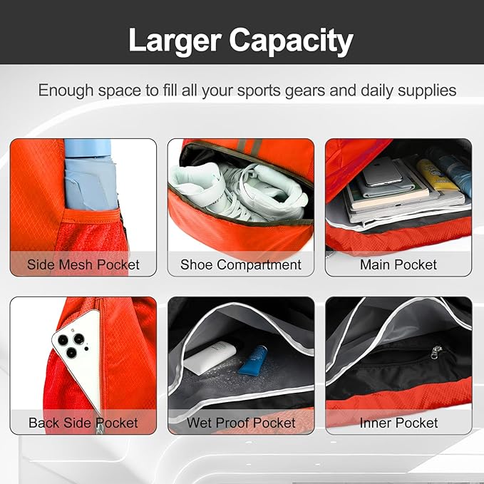 Hoedia Sports Drawstring Backpack - String Swim Gym Bag with Shoes Compartment and Wet Proof Pocket for Women&Men (Red)