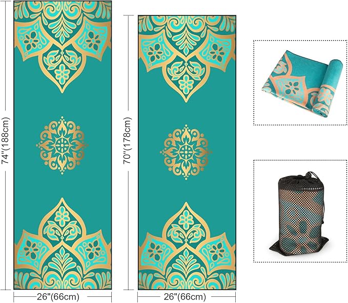 Colorful Star Yoga Towel with Corner Pockets, Non Slip Grip Dots Absorbent Hot Yoga Mat Towels, Yoga Blankets with Travel Bag, Mat Cover for Workout, Gym, Fitness - 74"x26", Turquoise Gold Mandala