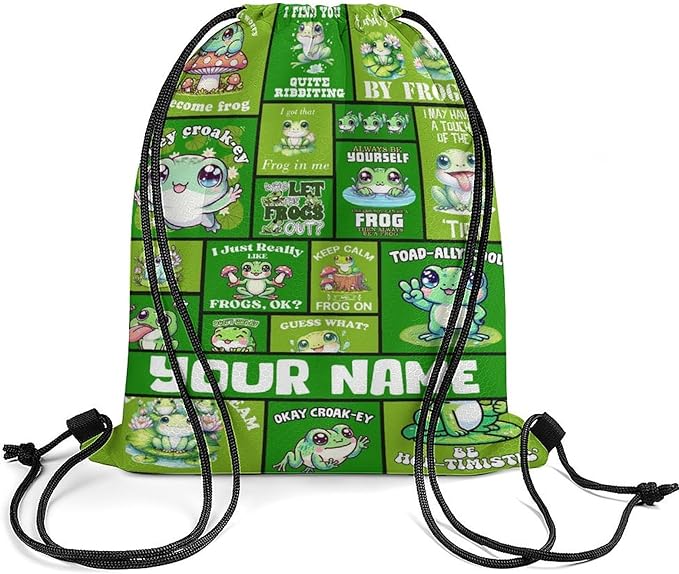 Custom Frog Drawstring Backpack - Cute Cinch Sack, String Backpacks for Kids Women Men Boys Girls for Gym Outdoor Sports Travel Athletic Drawstring Bag - Lightweight/Foldable