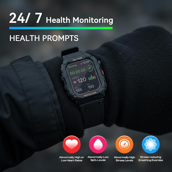 GPS Running Watch, Rugged Military Smart Watch, IP68, Long Battery Life, Multi-GNSS Support, Tracback Routing and More, Training Metrics and Recovery Insights, Answer/Make Call