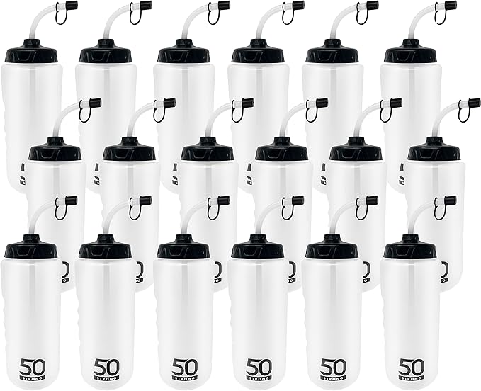 50 Strong 1 Liter Water Bottle with Straw – 18-Pack Easy-Squeeze Sports Bottles with Long Straw & Built-In Finger Grip – BPA-Free & Made in USA – Ideal for Hockey & Team Sports