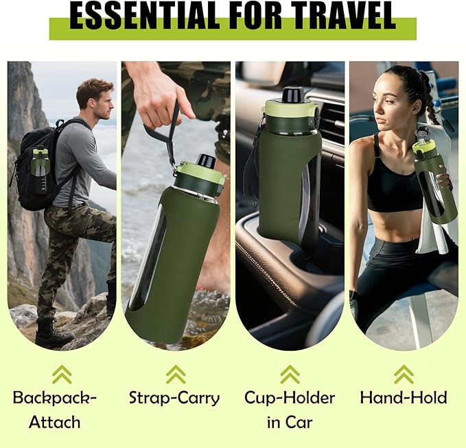 ANOTION 40OZ Glass Water Bottle, Large Sports Water Bottle with Dual-Drink Lid Clear Leakproof Glass Bottles with Straw, Motivational Jug with Silicone Sleeve and Time Marker for Travel Gym-Green