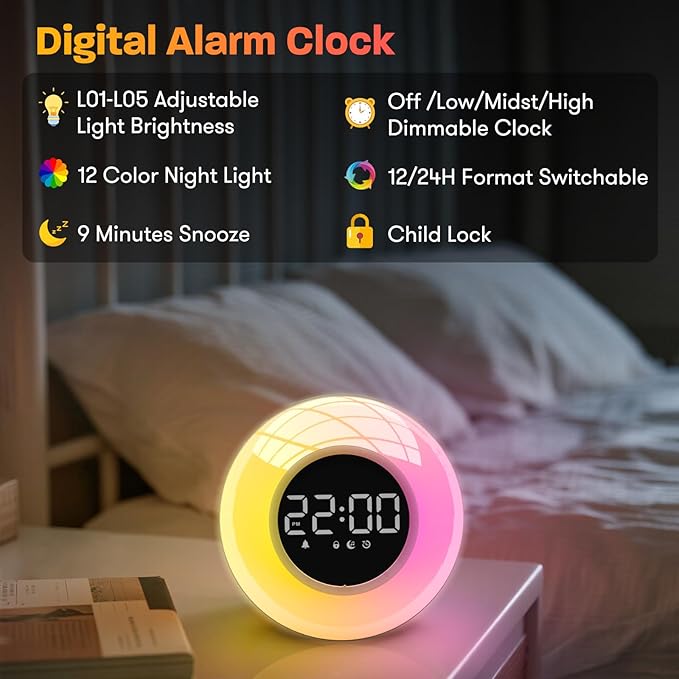 White Noise Sound Machine with 30 Soothing Sounds & 12 Colors Light, Sunrise Alarm Clock Wake Up Light, Adjustable Volume & Night Light, Timer, Ideal for Adults, Kids, Heavy Sleepers