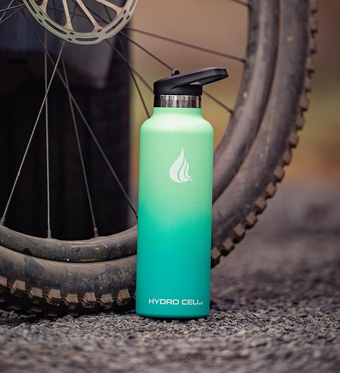 HYDRO CELL Stainless Steel Water Bottle with Straw & 2 Standard Mouth Lids (32oz 24oz 20oz 16oz) Keeps Liquids Hot or Cold w/Double Wall Vacuum Insulated Leak Proof Sport Design (Mint/Green 24oz)