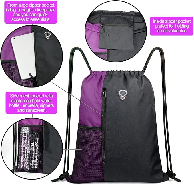 BeeGreen Purple Drawstring Backpack Sports Gym Bag for Women Men Large Cinch Sack workout Bag with Zipper and Water Bottle Mesh Pockets, 16 x 20 inch