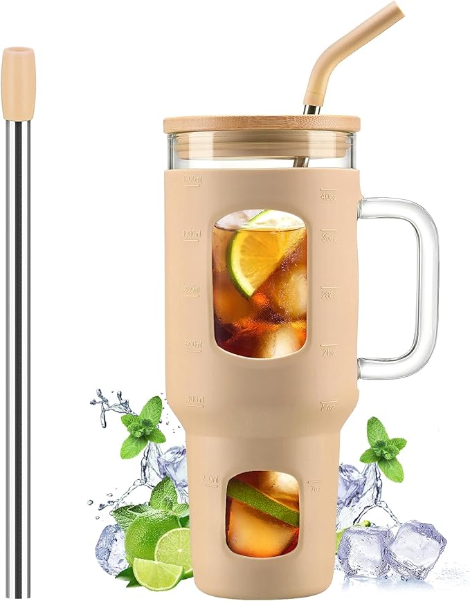 Glass Tumbler with Straw and Lid, 40 oz glass cup with handle, Glass Water Bottles with Time Marker, Silicone Protective Sleeve-Amber