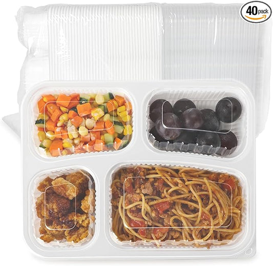 Takeout Containers BPA Free PP Plastic - 34oz 40 Pack 4 Compartments Shrink Wrap & Leakproof Meal Prep Container | Freezer & Microwave Safe Reusable for Office Lunch | White Restaurant Togo Box