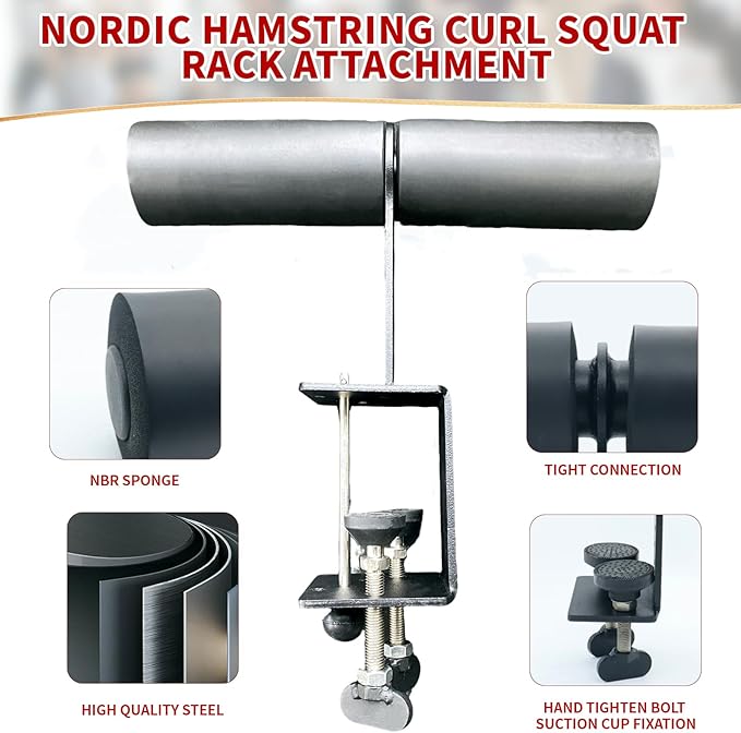 Upgrade Nordic Hamstring Curl Squat Rack Attachments with Pin Rod 3 Adjustment Holes for 2"x2",2.37"x2.37",3"x3"Power Rack, Sit Up Bar Foot Holder for Hamstring Curl Sit Up Split Squat Core Workout