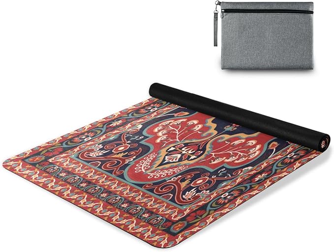 Kigai Yoga Mat Red Persian Design Fitness Mat Eco-Friendly Non Slip Portable Foldable Floor Workouts Mat for Pilates Home Gym Exercise Beach 70.8x26 inch